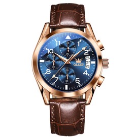 OLEVS Mens Watches Leather Blue Face Quartz Watch Big Face Dress Easy Read Waterproof Men's Business Wrist Watches Brown Leather Luminous Arabic Dial Chronograph Watch for Men, Relojes para Hombres