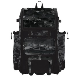 Boombah Rolling Catchers Superpack Bat Bag - 23-1/2" x 13-1/2" x 9-1/2" - Telescopic Handle - Holds 4 Bats - Wheeled Version - USA Mission Black Ops Black/Charcoal