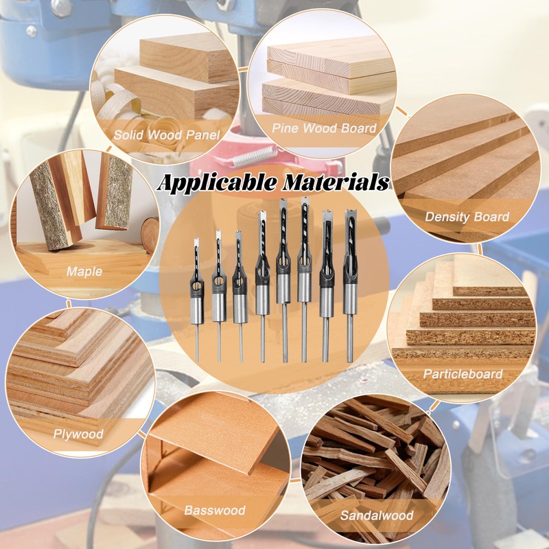 Square Hole Drill Wood, 8 Pieces Woodworking Drill Bit 6/6.4/8/9.5/11/12.7/14/16