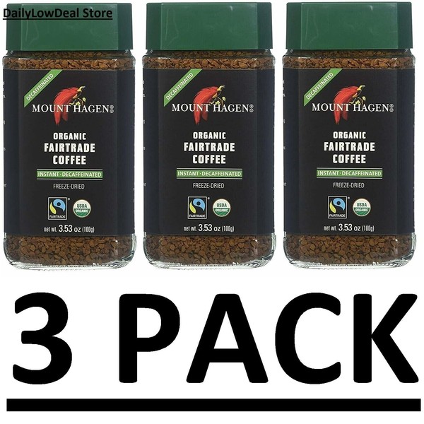 3 PACK - Mount Hagen Organic Freeze Dried Instant Decaf Coffee, 3.53 oz E03/2025