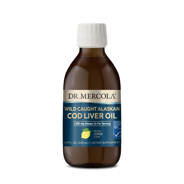 Dr. Mercola Cod Liver Oil, 1,000 mg Omega-3s Per Serving, 40 Servings (6.80 Fl. Oz.), Liquid Dietary Supplement, Natural Lemon Flavor, Supports Brain, Bone and Joint Health, Non-GMO, MSC Certified