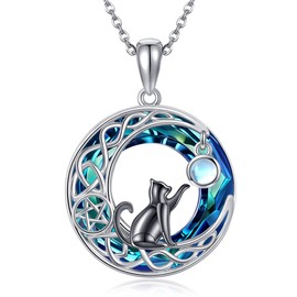 JERWLI Cat Necklace 925 Sterling Silver Black Cat Crystal Celtic knot Moon Necklaces Black Cat Pendant Jewelry Gifts For Women Female Lover