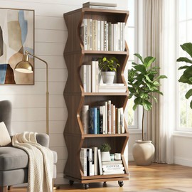 HSH Rotating Bookshelf Tower, 360°Revolving Bookcase with Wheels, Walnut