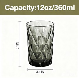 Bandesun Drinking Glass set of 6 Diamond Pattern Kitchen Glassware Tumbler（12 OZ Gray），for Water，Cocktail，Milk，Juice and Beverage.