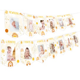 Oudain First Trip Around The Sun 1st Birthday Photo Banner, Boho Sunshine Birthday Decoration, Boho Hippie Rainbow Picture Banner Garland for Newborn to 12 Months Boys Girls Baby Shower Party Supplies