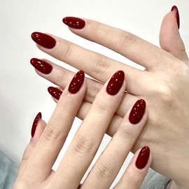 Wine Red Solid Color Press on Nails Red Full Cover False Nails Medium Oval Glue on Nail Glossy Artificial Acrylic Nail for Women DIY Manicure
