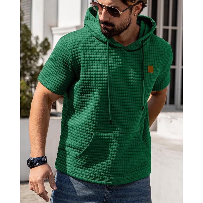 Aiyino Men's Hoodies Pullover Casual Short Sleeve Drawstring Waffle Knit