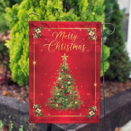 America Forever Merry Christmas Garden Flag 12.5 x 18 Inch Double Sided Outdoor Yard Christmas Decorations Vintage Winter Holiday Ornament Star Red Christmas Tree Flag