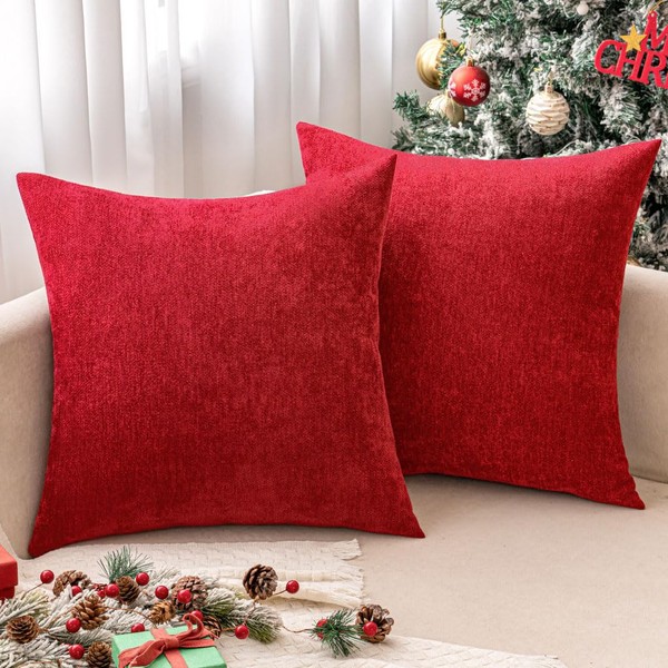 MIULEE Pack of 2 Christmas Red Decorative Pillow Covers 18x18 Inch Soft Chenille Couch Throw Pillows Farmhouse Cushion Covers for Sofa Bedroom Living Room