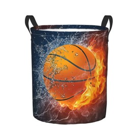Dujiea Basketball Ball In Fire And Water Laundry Basket Round With Handle, Collapsible Foldable Canvas Storage Bin Dirty Clothes Bag For Laundry/Toys Organizer/College Dorm/Nursery/Decor(2 Sizes)