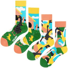 Angelteers 2 Pairs Cartoon Animal Crew Socks Fun Cotton Mid Calf Socks for Women (US, Alpha, One Size, Regular, Regular, Goose)