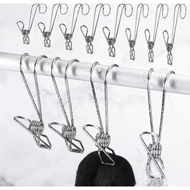 304 Stainless Steel Metal Long Tail Clip with Hooks Clothes Pins Hanging Universal Clips for Kitchen Bathroom Office 12 Pack