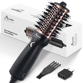 Aima Beauty 4 in 1 Worldwide Travel Hot Air Brush Dual Voltage Blowout Brush Oval Shape 110-120V/220-240V Straightener Blow Dryer Brush Negative Ionic Lock Moisture Gift 360° Swivel Cord Black
