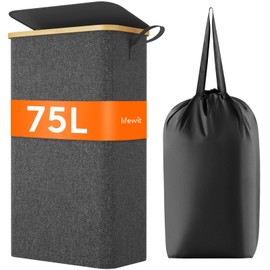 Lifewit 75L Slim Laundry Hamper with Lid, Narrow Laundry Basket with Removable Bag & Bamboo Handles, Fodable Thin Dirty Clothes Hamper for Laundry Collapsible Bin for Bathroom Bedroom Dorm, Dark Gray
