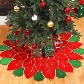 Jenaai Christmas Tree Skirt 35 Inches Poinsettia Red Green Embroidered Flower Christmas Decorations Holiday Seasonal Tree Mat for Xmas Holiday Party Ornaments Decorations Supplies