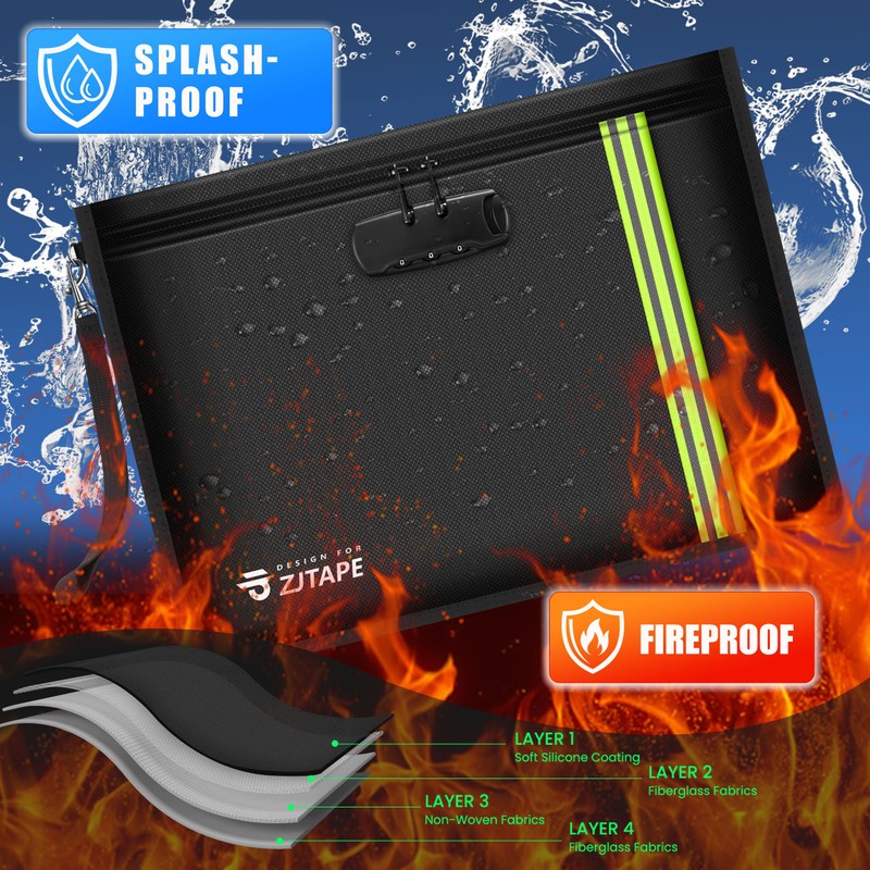 ZJTAPE Fireproof and Waterproof Bag with Lock - Document Bag