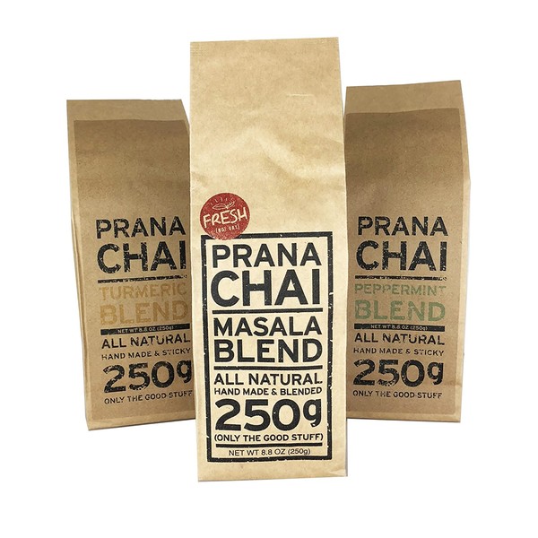 Prana Chai 3 Flavor Chai Sampler - Masala Blend Chai, Turmeric Blend Chai, Peppermint Blend Chai