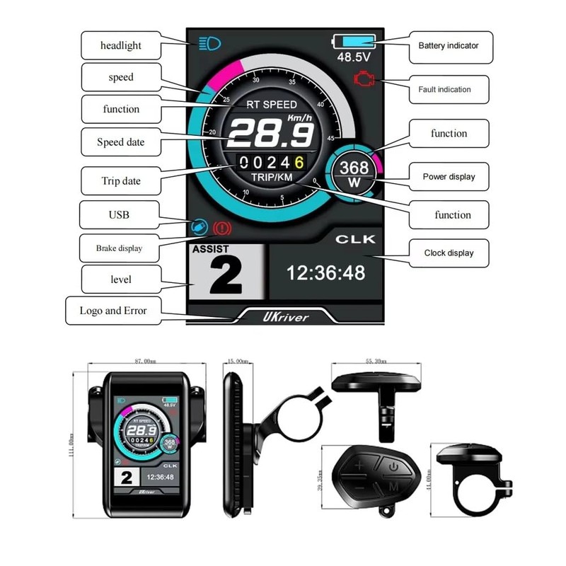 E-Bike Color LCD Display UKC1 Protocol Electric Bike Screen Compatible
