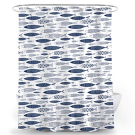 LORVOR Navy Blue Fish Shower Curtain 72" W x 72" H Crisp Line Oriental Aesthetics Blue White Nautical Theme Water Repellent Fabric Curtain for Neutral/Masculine/Guest Bathroom