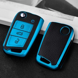 OATSBASF OATSBASF Car Key Cover for VW Golf 7 Key Box/Key Case Cover for VW, Polo, Skoda, Seat, 3 Buttons Q-Blue Leather