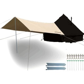 DANCHEL OUTDOOR Waterproof Camping Tent Tarp Sun Shade Canopy for Canvas Bell Tents, Portable Rain Fly with with 2 Heightened 7.87ft Poles Glamping Accessories, Khaki