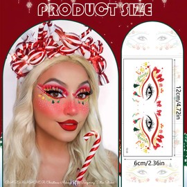 10 Sheets Christmas Eyeshadow Face Tattoo Stickers Eyeliner Decals Santa Claus Xmas Tree Snowflake Snowman Makeup Temporary Tattoo Stickers for Women Xmas Masquerade Party (Red Green Yellow)