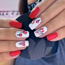 Christmas Press on Nails Red False Nails Square Fake Nails with Xmas Tree Snowflake Candy Cane Designs Medium Reusable Stick on Nails Coffin Acrylic Glue on Nails for Women and Girls Nail Art Manicure