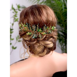 Kercisbeauty - Diadema para novia, accesorio para el pelo, diseño de vid con cristales verdes, color dorado