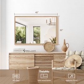 TheiaMo 40"x30" Bathroom Mirror with Natural Wood Frame for Wall, Large Rectangle Vanity Mirror Rustic Farmhouse Decor Mirror, Anti-Rust Explosion-Proof, Hangs Horizontally or Vertically, Solid