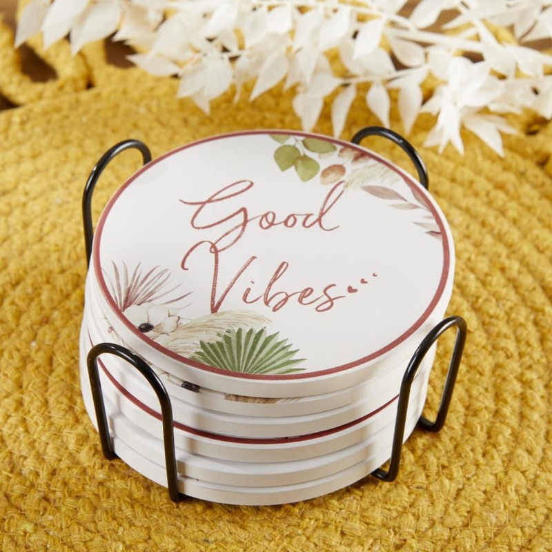 Kate Aspen Boho Ceramic Drink Coasters with Holder (Set of