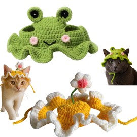 Cat Hat, 2-Piece Set Green Frog and Yellow Flower Hats for Cats, Adjustable Pet Costume for Birthday Parties and Photoshoots