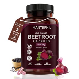 Beetroot Capsules 5100mg – High Strength Beetroot Supplement with Black Pepper – 180 Capsules – Nitric Oxide Support – Enriched with Black Pepper – Vegan, Non-GMO