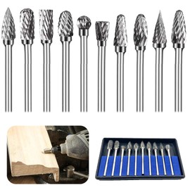 10 PCS Tungsten Carbide Steel Double Cut Rotary Burrs Set, Carbide Rotary Burr Set for Dremel with 1/8" Shank, Rotary Tool Accessories for DIY Woodworking Carving Metal Polishing Engraving Drilling