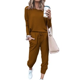 PRETTYGARDEN Women's 2024 Fall Two Piece Outfit Long Sleeve Crewneck Pullover Tops and Long Pants Tracksuit, Light Brown, Medium