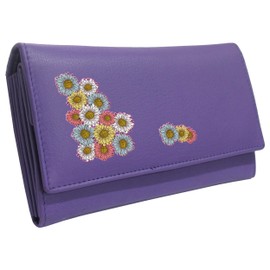 Klassek Sun Flowers Womans Purple Purse Tumbling Brand Image on Real Animal Leather Multi Coloured Heads Accessory Gift