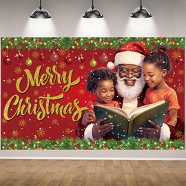African American Christmas Photo Backdrop Black Santa Christmas Banner Merry Christmas Xmas Winter Holiday Party Decorations and Supplies for Home-71×43''