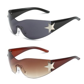 2 PCS Y2K Sunglasses Wrap Around Fashion Sunglasses Oversized Frameless Trendy Sun Glasses for Women Men(Brown&Black)