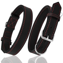 Riparo Dog Collar - Genuine Leather Dog Collars - Heavy Duty Dog Collars for Medium Large and Extra Large Dog Breeds (M: 1” Wide for 14” - 18” Neck, Black/Red Thread)