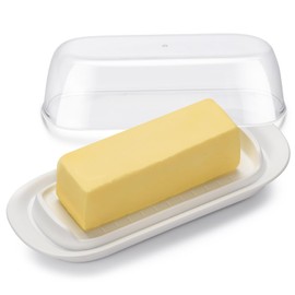 Butter Dish with Clear Lid, Butter Keeper for Countertop, Airtight Butter Dish, Plastic Butter Keeper Tray for West/ East Coast Butter, Dishwasher Safe(White)