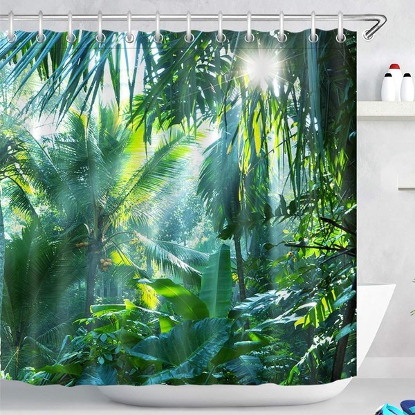 LB Green Forest Shower Curtain, Tropical Leaves, Palm Tree, Banana Leaf in Jungle Bathroom Curtains, Extra Wide, Waterproof, Anti-Mould, Polyester Bathroom Decoration, Home Accessories with Curtain Hooks, 240 x 200 cm