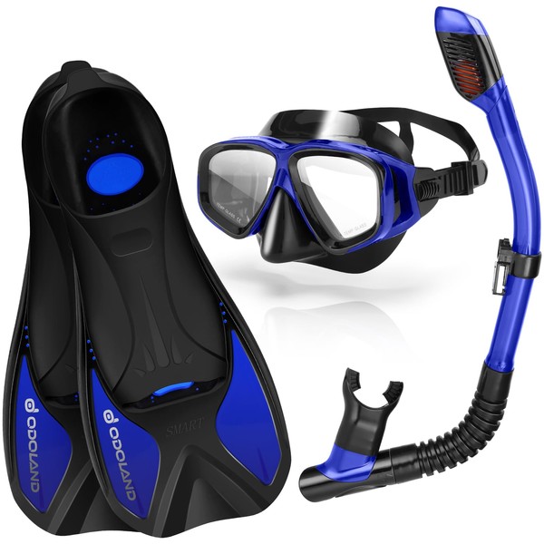 Odoland Snorkeling Package,Snorkel Set with Dry Top Diving Mask Fins for Adults & Youth, Panoramic View Mask Fins with Travel Bag, Anti-Fog & Anti-Leak Scuba Diving Gear for Men Women, Blue, S