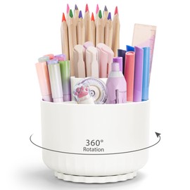 minimaliving Desk Organizer,Minimalist Modern Design Pen Holder for Desk 360°Rotating Office Desk Accessories,Pencil Cup with 5 Compartments Storage Box Caddy for Office,School,Home,Art Supply(White)