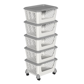 Joyeen 5 Pack Plastic Stacking Baskets with Wheels and Lids, Kitchen Stackable Organizer Basket, Grey