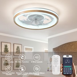 FTZVRD Ceiling Fan with Light and Remote, 19" Low Profile Flush Mount, 6-Speed, DC Motor, Dimmable 3000K-6500K LED, Light Oak Fandelier Ceiling Fan for Bedroom, Dining Room, Small Room