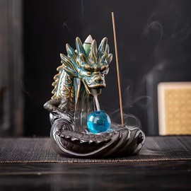 Sevitini Dragon Incense Fountain, Backflow Waterfall, Dragon Backflow Incense Burner, with 60 Incense Cones Waterfall + 30 Incense Sticks + 1 Glass Bead, Incense Fountain, for Home Decor (Blue)