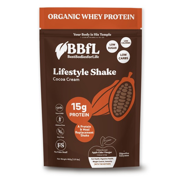BBfL Meal Replacement Shakes, 15g Protein, Organic Whey Protein Powder, Apple Cider Vinegar, Digestive Enzymes, All in One Shake for Women & Men (15 Servings, Cocoa Cream)