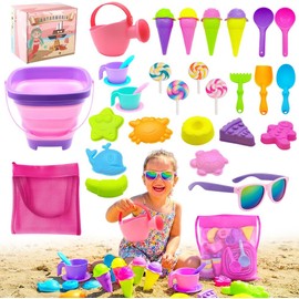 35PCS Juguetes de Arena para Playa con Gafas de Sol, Pala de cubeta de Arena Plegable y e rastrillo, Juego de moldes para Helados en la Playa,Juguete para Piscina Niños