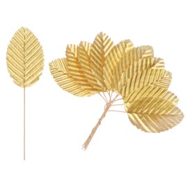 M METERXITY 20-Pack Artificial Silk Leaf, Faux Wire Single Leaves, Fake Flower Leaf with Stem for DIY Bouquet/Wreaths/Wedding/Garland/Party Decorations, Fake Rose Craft Leaves [Gold]