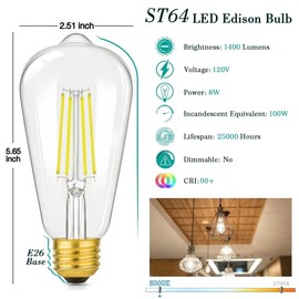 4-Pack Vintage 8W ST64 LED Edison Light Bulbs 100W Equivalent, 1400LM 5000K Daylight White, E26 Base Filament Light Bulbs, CRI 90+, Antique Glass Style, Great for Bathroom Office, Non-Dimmable