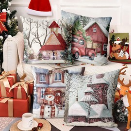Aitsite Christmas Cushion Cover, Pack of 4 Winter Cushion Covers, Christmas Cushion Covers 45 x 45 cm, Winter, Christmas Decoration for Living Room, Sofa, Bedroom Decoration (Red House)
